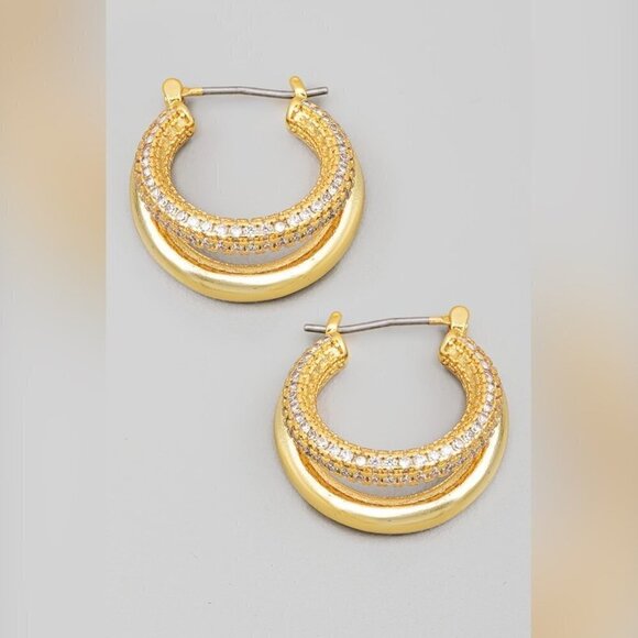 14K GOLD DOUBLE LAYER RHINESTONE HOOP EARRINGS - Picture 1 of 2